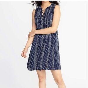 Old Navy Pintuck Swing Dress Lace Up Neck Blue XXL Boho Cottagecore Flowy Comf